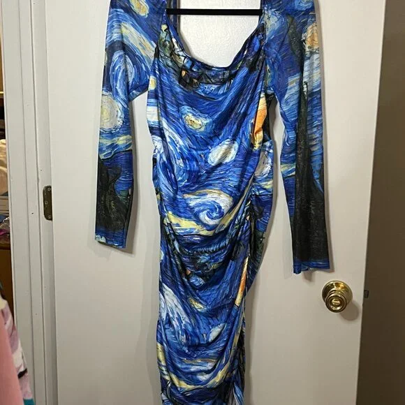 Shein Starry Night Long Sleeve Dress with Ruching Size 2XL - Picture 3 of 3